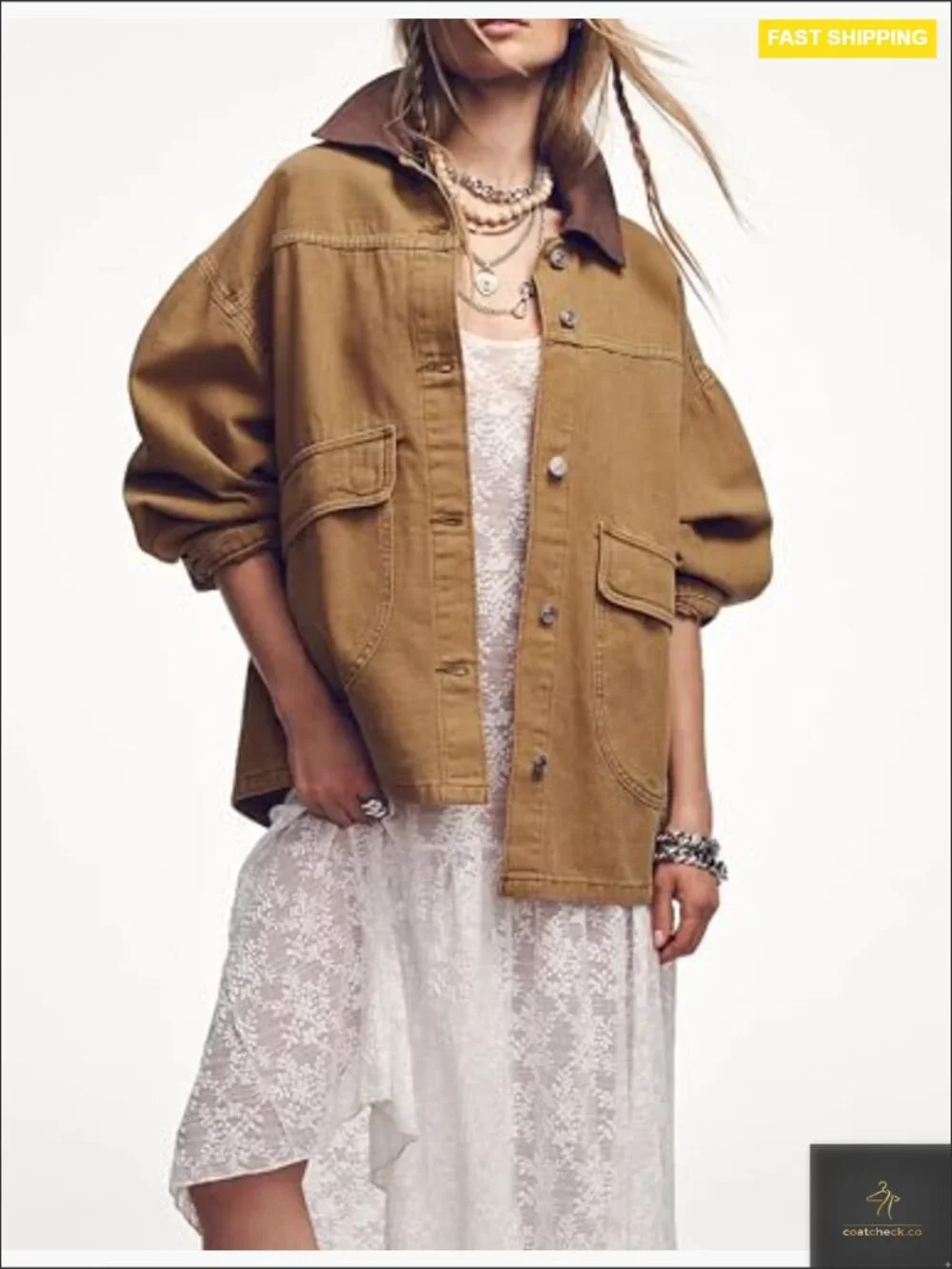 Oversized Denim Jacket with Contrast Trim Long Sleeve Button Down Jean Coat